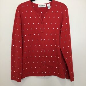Orvis Red Cardigan Women’s White Embroidered Polka Dot Cotton Blend Size L